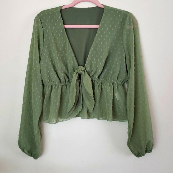 unbranded Tops - Tie front peplum swiss dot green girlie top, trendy, cropped, v neck, women's M